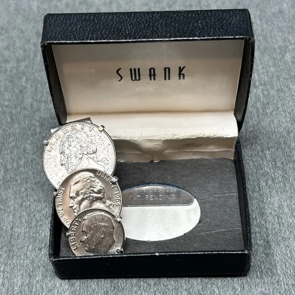 Vintage Swank 3 Coin Money Clip Genuine US 1946 Dime 1964 Nickel & Quarter w/Box